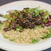 Braised Beef Bowl · Braised beef, seasonal greens, brown rice, grilled baby bok choy/grilled shiitake mushroom m...