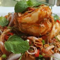 Pah G’Oong (Gf) · Prawns tossed with scallions, lemongrass, lime juice, tomatoes, red onion and cucumber serve...