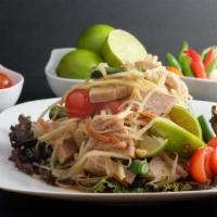 -Som Tum Pu Pla Ra · Traditional Thai salad with homemade lime dressing, shredded green papaya, lime, . carrots, ...