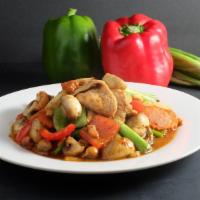 -Pad Cashew · Stir-fried with protein choice, roasted cashew nuts, mushrooms, carrots, white onion, . gree...