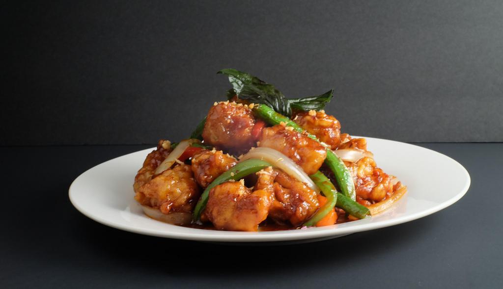 -Crispy Basil Chicken · Stir-fried in homemade chili sauce with crispy chicken, green bean, white onion, . bell pepper and topped with crispy Thai sweet basil.