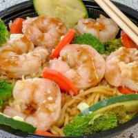 Shrimp Yakisoba (Noodle) Bowl · Japanese noodles wok-stirred with veggies, shrimp and  Samurai Sam's signature  teriyaki or ...
