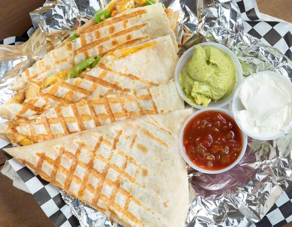 Southwestern Chicken Quesadilla · Chicken breast, grilled onion, sweet green and red pepper, garlic pesto, blend cheese, served with salsa, guacamole and sour cream.