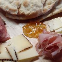 Charcuterie Board · 2 meats, 2 cheeses, whole grain mustard, jam, flatbread.