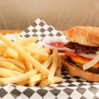 Bacon Cheese Burger · Hamburger patty, American cheese slices of bacon onion tomatoes, mayo and ketchup.