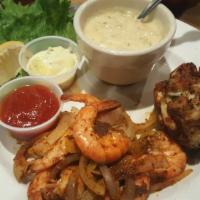 Crab Cake Platter · Six-ounce crab cake served fried or broiled with a 1/4 pound of steamed shrimp seasoned with...