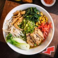 Japanese Garden Ramen (Vegan) · Vegan broth with spinach noodles, tofu, bok choy, bean sprouts, spinach, corn, bamboo shoots...