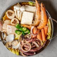 Japanese Seafood Hot Pot · Shrimp, frozen tofu, squid, fish fillet, Chinese cabbage, dams, mushrooms, fish balls, okra,...