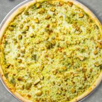 Pesto & Pollo Pizza  · Fresh pesto, chicken, mozzarella cheese, and parmesan baked on a hand-tossed dough
