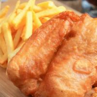 Fish & Chips · Battered and deep fried fish served with fries and creamy sriracha sauce and spicy fresh chi...