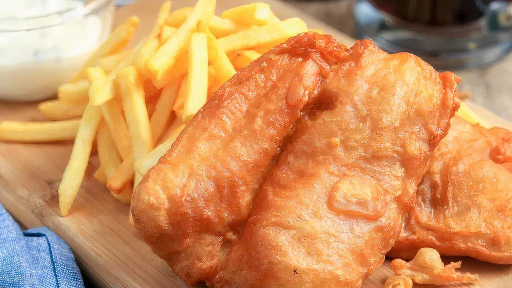 Fish & Chips · Battered and deep fried fish, served with fries and creamy sriracha sauce and spicy fresh chili sauce.