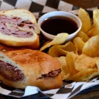 Frankfort French Dip Sandwich · Roast beef - provolone - house au jus served with house kettle chips.
