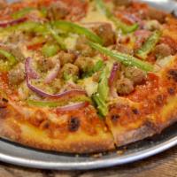 American Pharoah Pizza · Tomato sauce - pepperoni - sausage - green pepper - red onion - mozzarella.