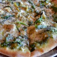 Seabiscuit Pizza · Pesto - goat cheese - spinach - artichoke - mozzarella - basil.