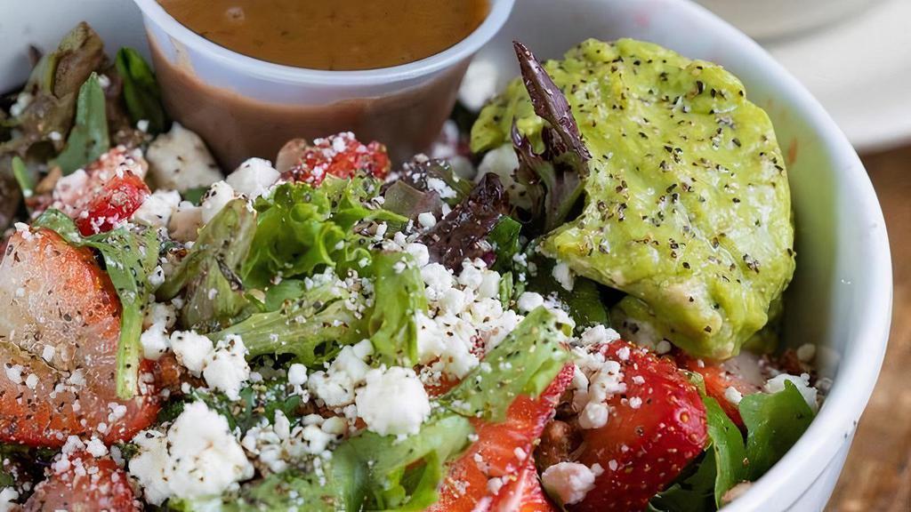 Mediterranean Salad · Mixed greens, grilled red peppers, artichoke hearts, red onion, kalamata olives, garlic hummus, goat cheese crumbles, served with house-made balsamic vinaigrette.