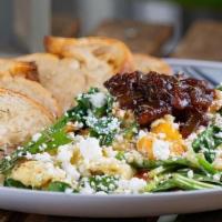 Brekkie Scramble · 3 eggs, tomato chutney, red peppers, butternut squash, spinach, goat's cheese, side buttered...