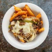 Kids Fries Philly Bowl · Crispy fries with choice of gyros, or chicken shawarma. Topped with grilled onions, bell pep...