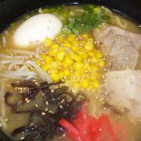 Miso Ramen · Sapporo style ramen. Pork belly chashu, egg, corn black fungus and scallion.
