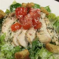 Chicken Caesar Salad · Gluten Free. Grilled chicken, tomatoes, and pecorino cheese tossed with romaine lettuce in o...