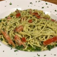 Pesto Pasta · Vegetarian. fresh basil pesto, minced garlic, olive oil, diced tomatoes and pecorino cheese,...