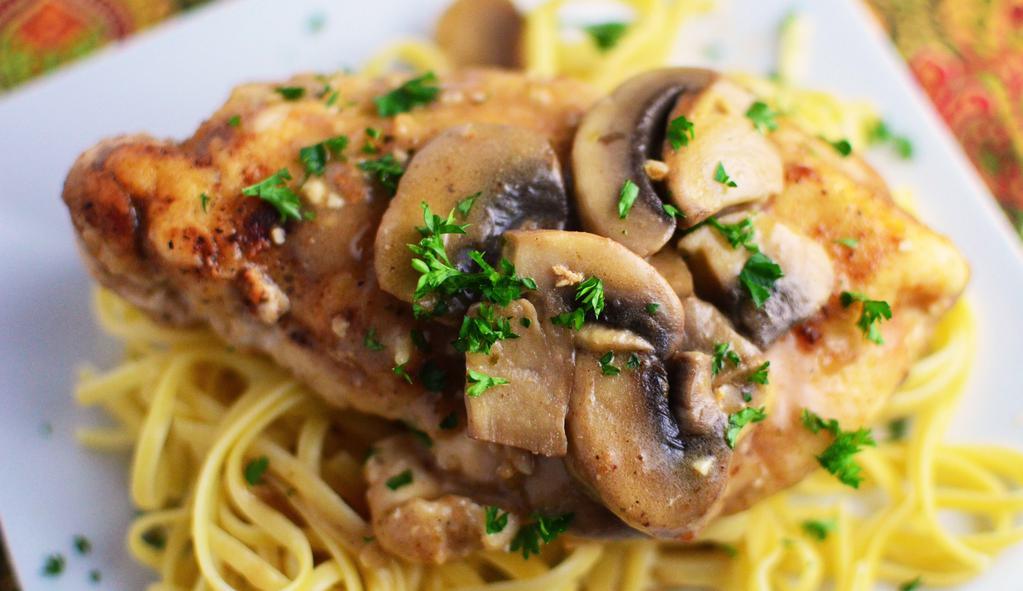 Chicken Marsala · Chicken breast sautéed in our homemade marsala cream sauce with fresh mushrooms and onions. Served with a side of spaghetti.