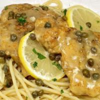 Chicken Piccata · Chicken breast, capers, mushrooms and onions sautéed in olive oil, white wine and lemons. Se...