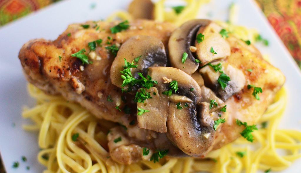Veal Marsala · Tender veal sautéed with fresh mushrooms and onions in a robust marsala wine sauce. Served with a side of spaghetti.