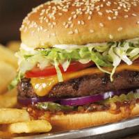 Cheeseburger · Served on a toasted bun with lettuce, tomato, onion and pickle. Your choice of French fries,...