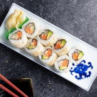 Salmon Skin Roll · Cucumber, avocado, goba bean sprouts, and masago inside with shredded fish flakes ena eel sa...