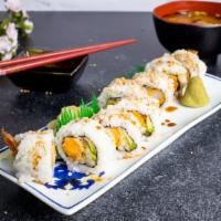 Happy Roll · Shrimp tempura, crab, and cucumber inside, with 3 shrimp avocado, spicy mayonnaise, and spec...