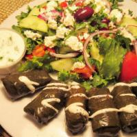 Veggie Dolma Plate · 6 dolmas served with greek salad, pita bread, side of house tzatziki sauce.