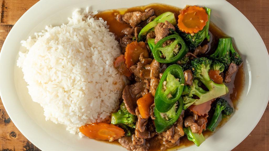 Beef And Broccoli · Stir fry beef and broccoli served with white rice.