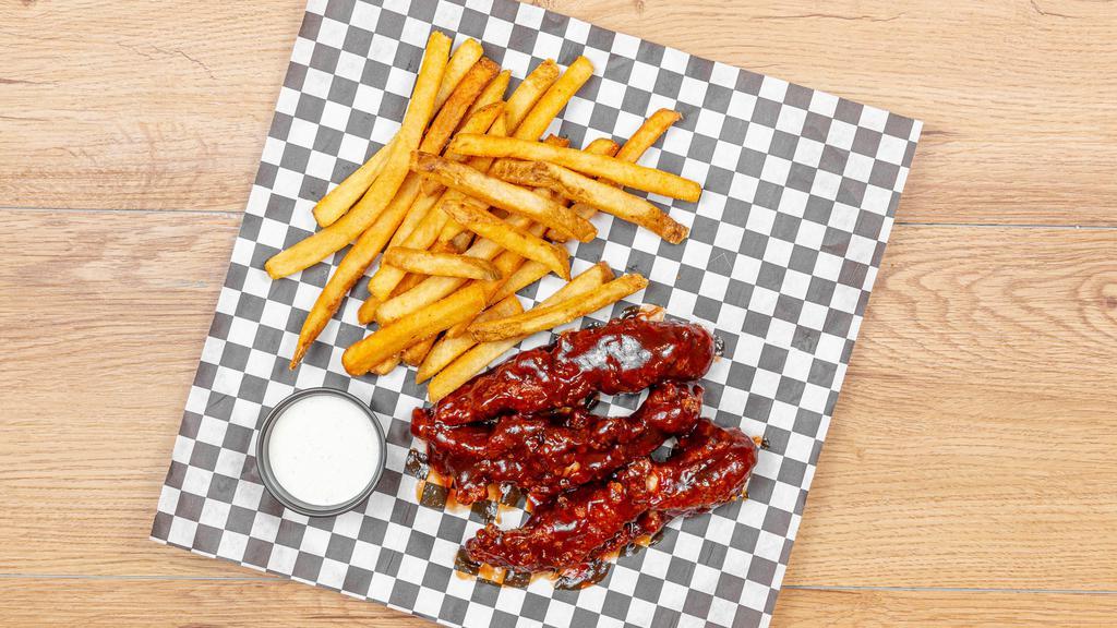 2 Piece Bbq Dipped Chicken Tenders · Freshly hand breaded chicken tenders dipped in bbq sauce served with fries and choice of sauce on side.
