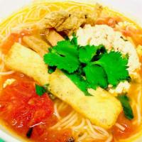 Crab Noodle (Bún Riêu) · Tofu, vegan ham,  mushroom, tomatoes, bean sprouts, rice noodles…