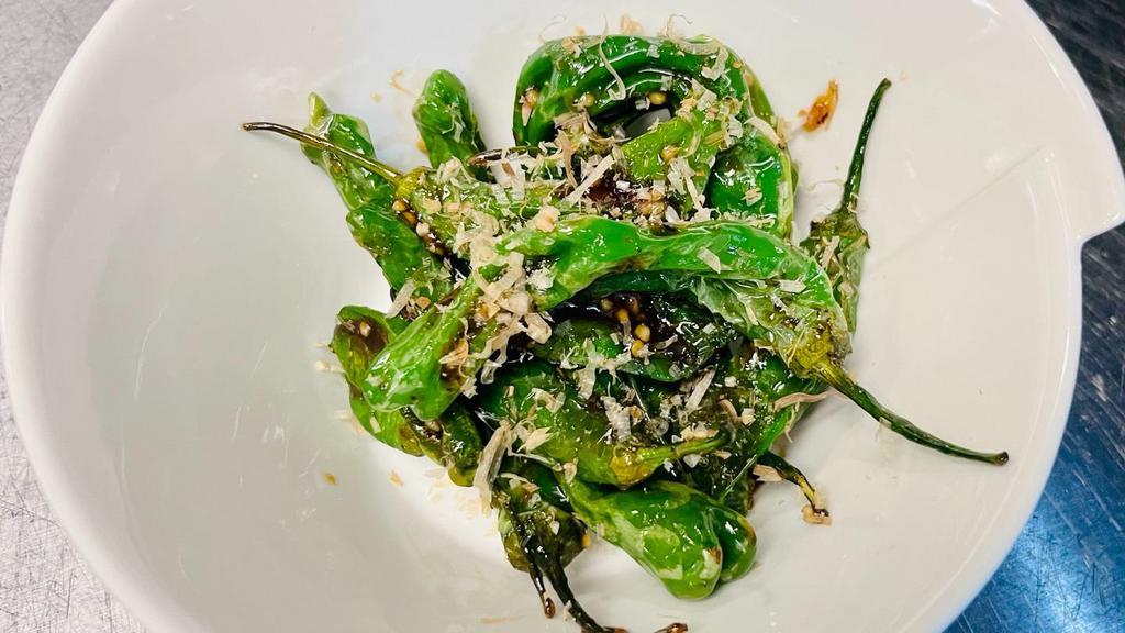 Shishito Peppers · Fried and lightly salted shishito peppers. Items on this menu may contain raw or under cooked ingredients, consuming raw or under cooked ingredients may increase your risk of food borne illness especially if you have certain medical conditions.