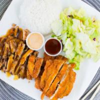 Chicken & Katsu Combo · Served with rice and salad.