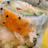 Shrimp Tempura Roll · Temp shrimp, crab salad, avocado, cucumber, masago.