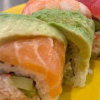 Rainbow Roll · Crab salad, cucumber inside, tuna, salmon & shrimp avocado on top.