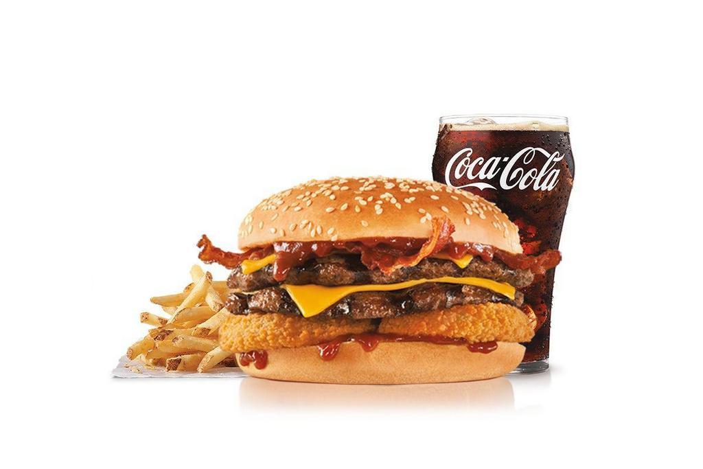 Double Western Bacon Cheeseburger® Combo · Two charbroiled all-beef patties, two strips of bacon, two slices of melted American cheese, crispy onion rings and tangy BBQ Sauce on a seeded bun. Served with Fries and a Soft Drink.