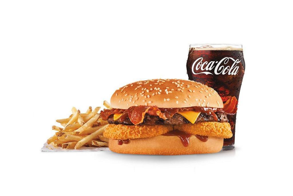 Western Bacon Cheeseburger® Combo · Charbroiled all-beef patty, two strips of bacon, melted American cheese, crispy onion rings and tangy BBQ Sauce on a seeded bun. Served with Fries and a Soft Drink.