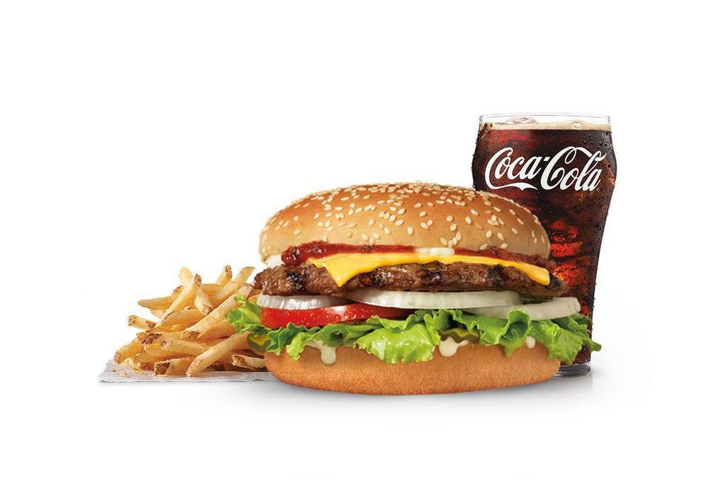 Famous Star® With Cheese Combo · Charbroiled all-beef patty, melted American cheese, lettuce, tomato, sliced onions, dill pickles, Special Sauce, and mayonnaise on a seeded bun. Served with Fries and a Soft Drink.