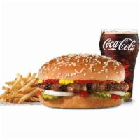 Big Hamburger Combo · Charbroiled all-beef patty, dill pickles, onions, mustard and ketchup on a sesame seed bun. ...