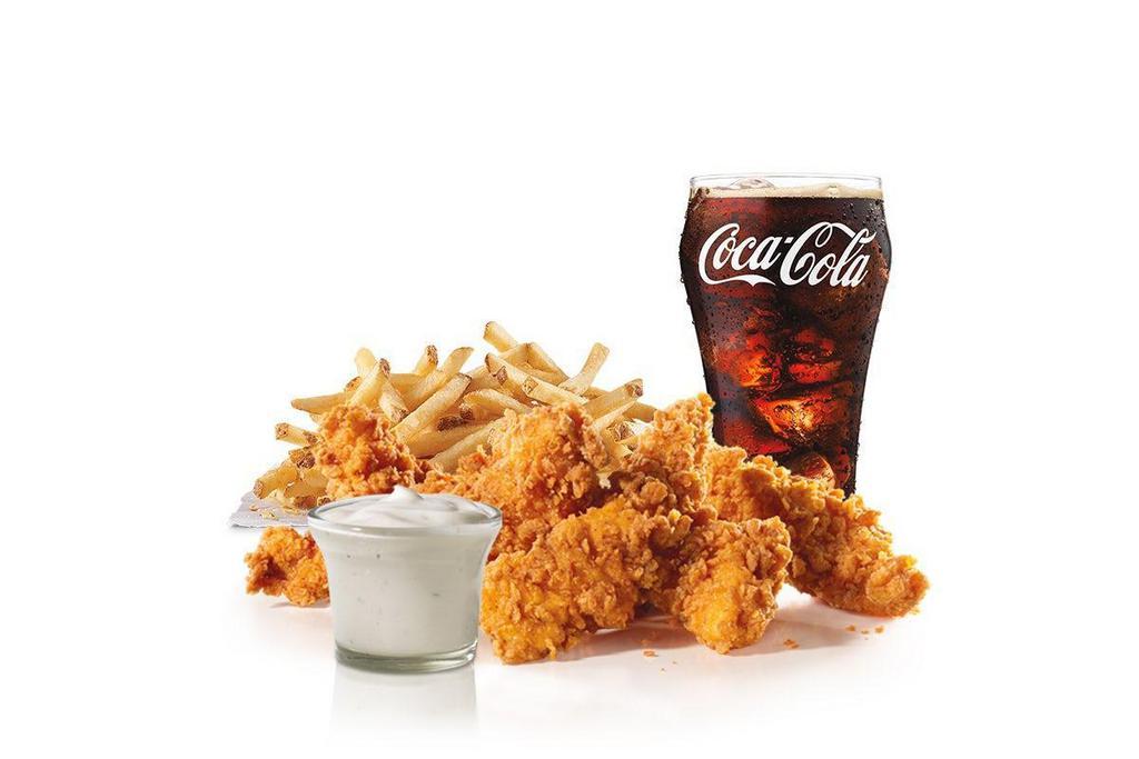 5 Piece - Hand-Breaded Chicken Tenders™  Combo · Premium, all-white meat chicken, hand dipped in buttermilk, lightly breaded and fried to a golden brown. Served with a choice of dipping sauce, Fries and a Soft Drink.