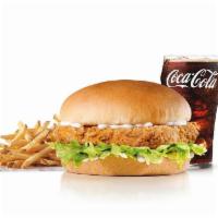 Spicy Chicken Sandwich Combo · Spicy Chicken, lettuce and mayonnaise on a plain bun. Served with Fries and a Soft Drink.