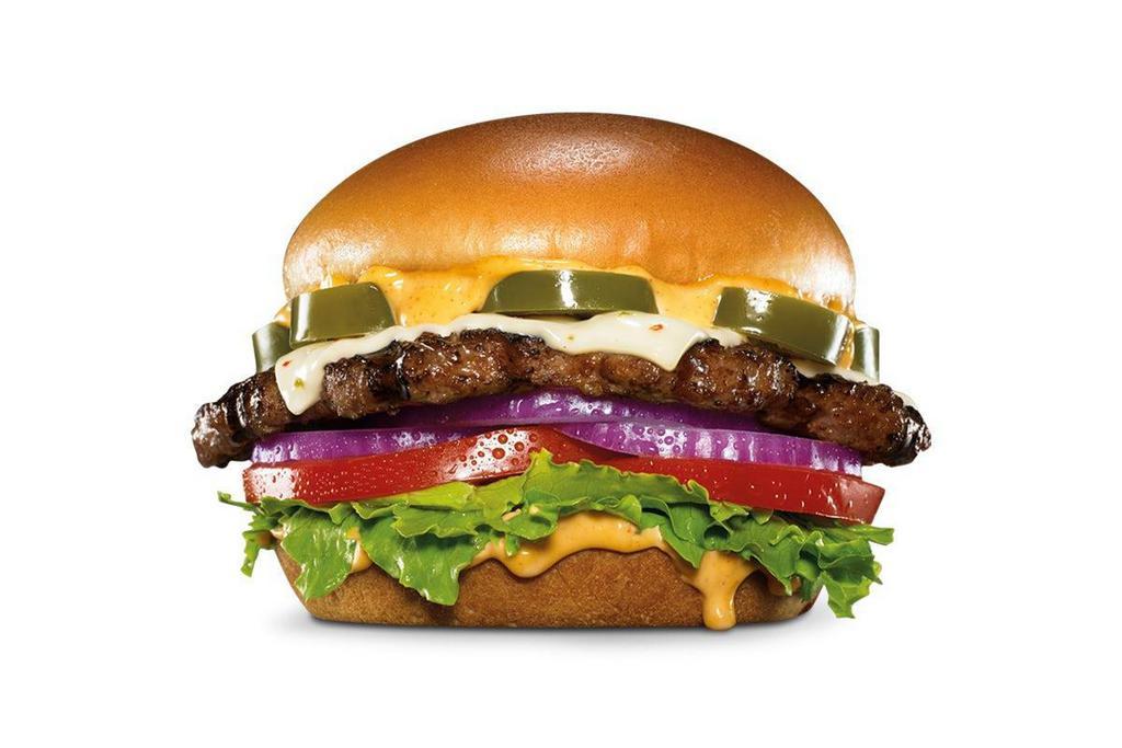 Jalapeño Angus Burger · Charbroiled 1/3lb.100% Angus Beef, Pepper Jack cheese, jalapeño coins, and Santa Fe Sauce, served on a premium bun.