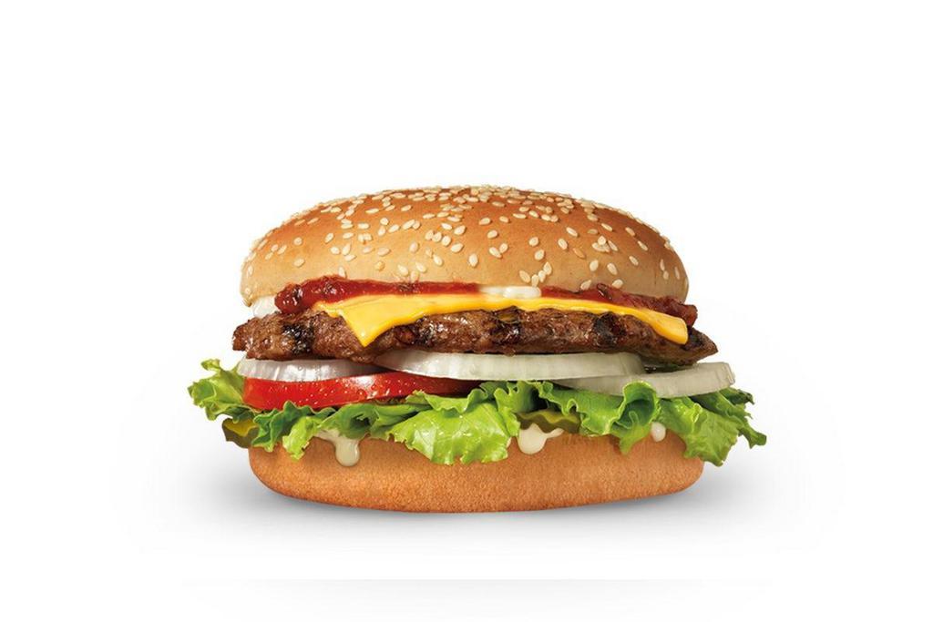 Famous Star® With Cheese · Charbroiled all-beef patty, melted American cheese, lettuce, tomato, sliced onions, dill pickles, Special Sauce, and mayonnaise on a seeded bun.