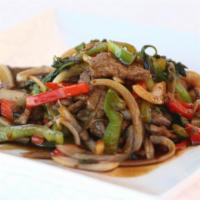 Thai Basil · A distinctive flavor consists of tender beef stir fried with onion, bell pepper, chili and f...