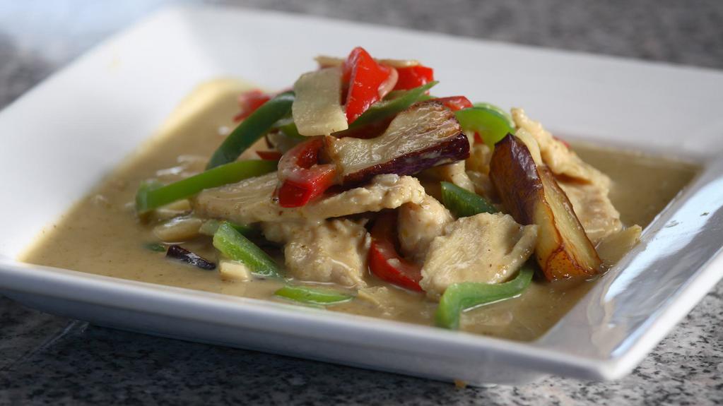 Green Curry · Consist of bell peppers, bamboo shoots, eggplants and coconut cream fried with paste make from green chili. Served with Jasmine rice.
