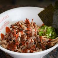 Pork Rice Bowl · Flavorful, hands-shredded pork on a bed of rice. Please choose either housemade original ter...