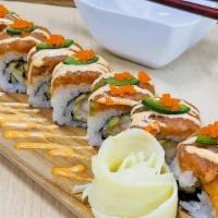 Red Dragon Roll · Crab, avocado, and cucumber. Topped with spicy tuna, masago with spicy mayo, unagi sauce, an...
